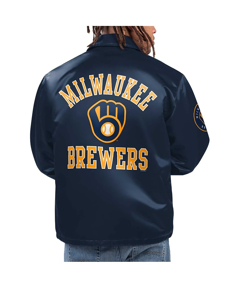 Starter Men's Navy Milwaukee Brewers Option Route Satin Full-Snap Jacket