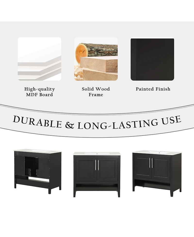 36" Black Bathroom Vanity with Sink, Mdf Cabinet with Doors & Drawers