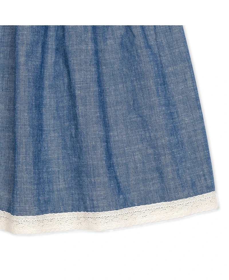 Hope & Henry Girls' Short Bubble Sleeve Crochet Trim Chambray Dress