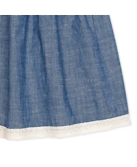 Hope & Henry Girls' Short Bubble Sleeve Crochet Trim Chambray Dress