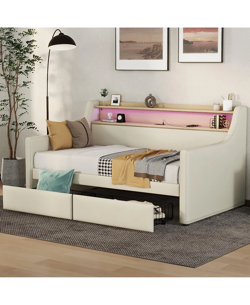 Simplie Fun Twin Daybed with Storage, Charging Station, Led Lights, and Bronze Nailhead Trim