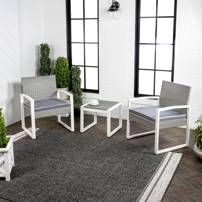 Jonathan Y Selby 3-Piece Modern Coastal Faux Wicker Conversation Outdoor Patio Set, White/Black/Brown