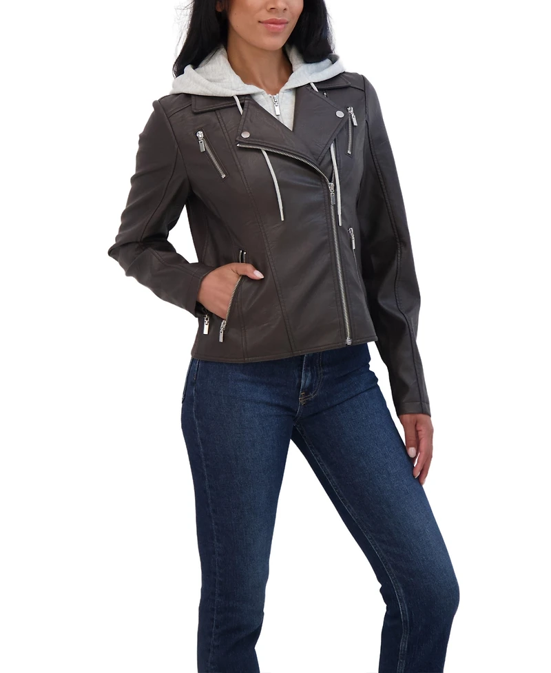 Sebby Collection Women's Faux Leather Biker Jacket With Removeable Hood Bib