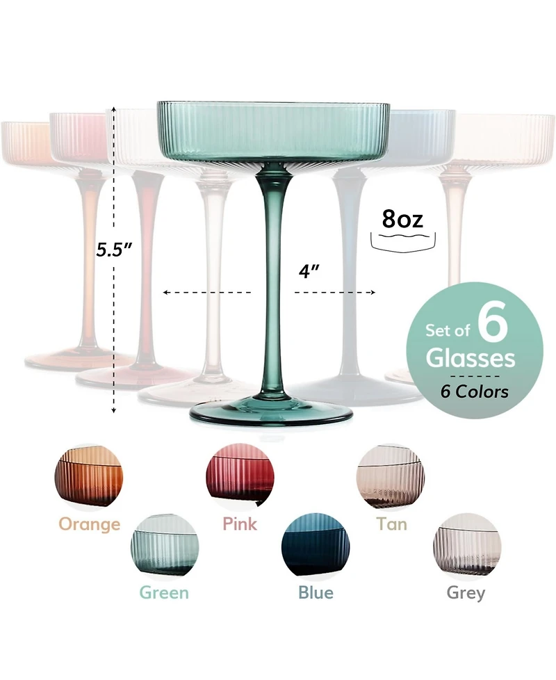 The Wine Savant Colored Classic Art Deco Coupe Glasses Set of 6