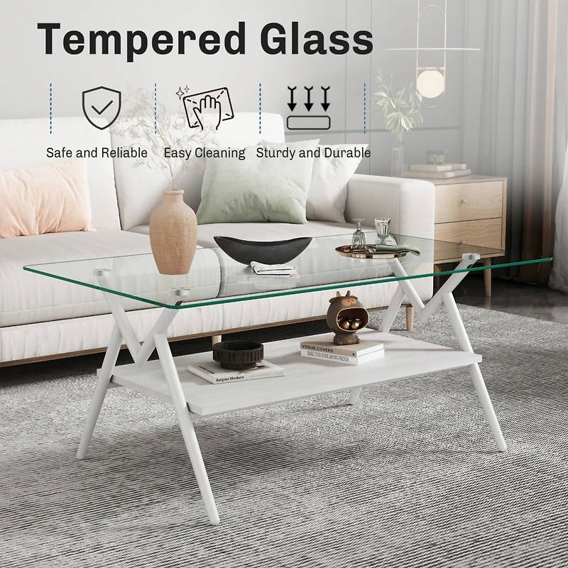Streamdale Furniture Modern Glass Coffee Table with White Metal Legs
