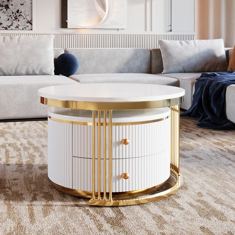 Streamdale Modern 2-Piece White Round Nesting Coffee Table with Drawers