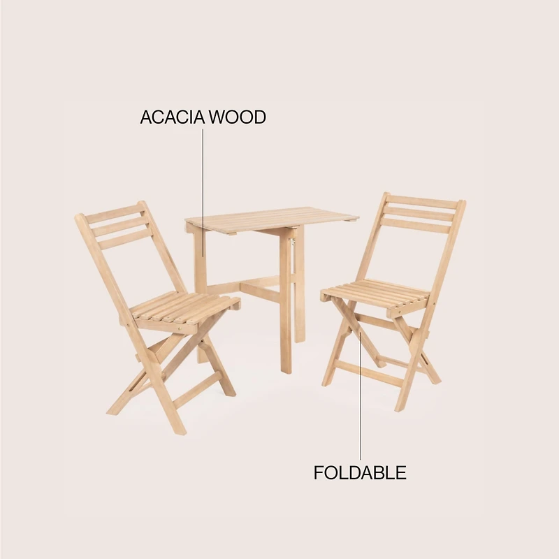 Jonathan Y Nerja Modern Traditional 3-Piece Acacia Wood Half-Rectangular Outdoor Folding Bistro Set, Light Teak