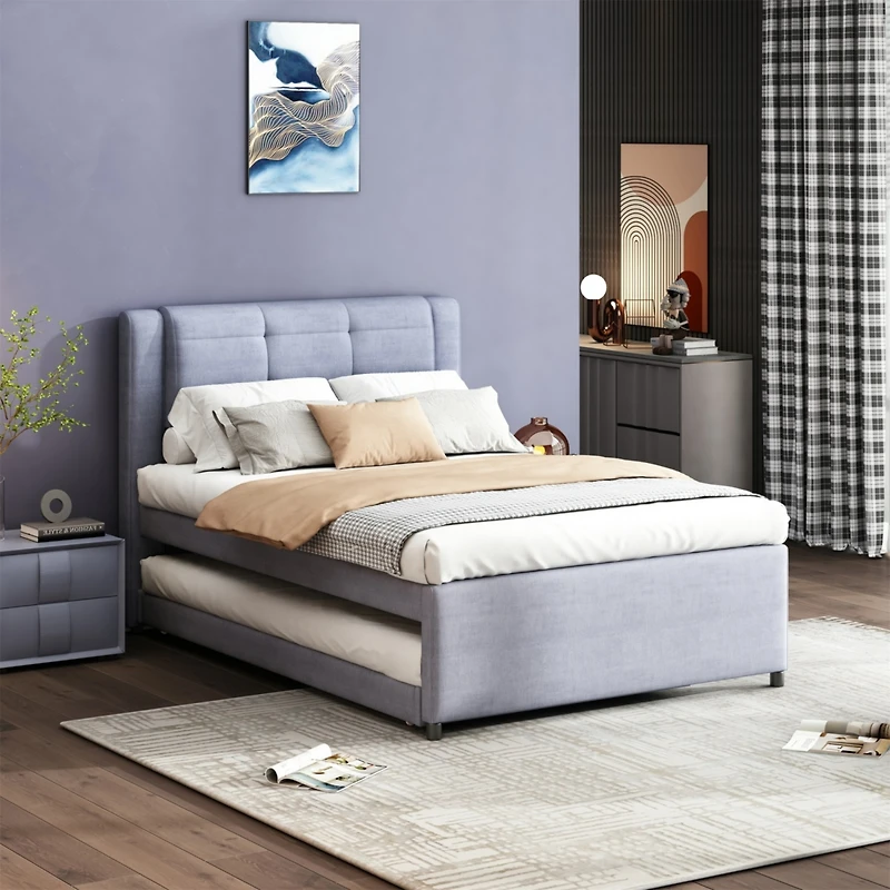 Streamdale Beige Upholstered Platform Bed with Trundle