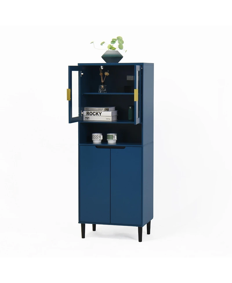 Streamdale Furniture Tall Storage Cabinet with Glass Display & Doors, Modern Blue Cabinet