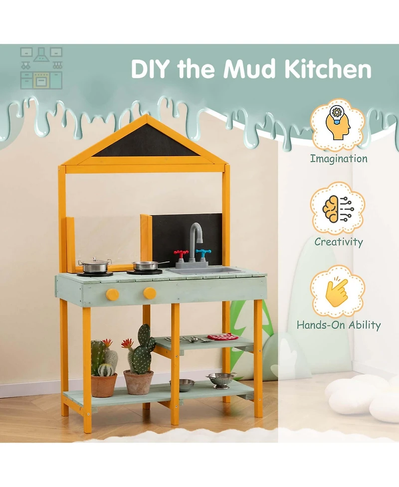 Costway Kids Kitchen Playset Outdoor Mud Kitchen with Root Viewer Planter Removable Sink