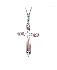 Bling Jewelry Western Style Spiritual Religious Blue Natural Turquoise Fleur De Lis Cross Pendant Necklace Oxidized Sterling Silver