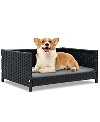 Slickblue Rattan Dog Bed with Waterproof Soft Cushion for Medium Small Dogs Cats-Grey