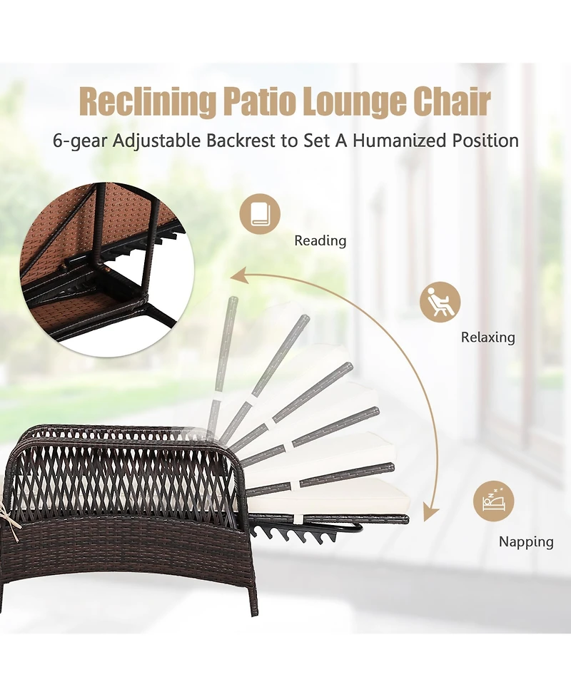 Gymax Rattan Patio Lounge Chair Chaise w/ Adjustable Backrest Cushion & Pillow