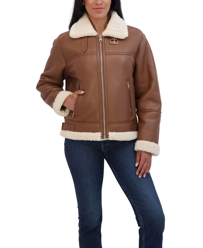 Sebby Collection Women's Zip Front Faux Leather Shearling Jacket
