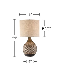 Emma Mid Century Modern Table Lamp with Table Top Dimmer 21" High Wood Brown Finish Ceramic Tan Drum Shade for Living Room Bedroom House Bedside