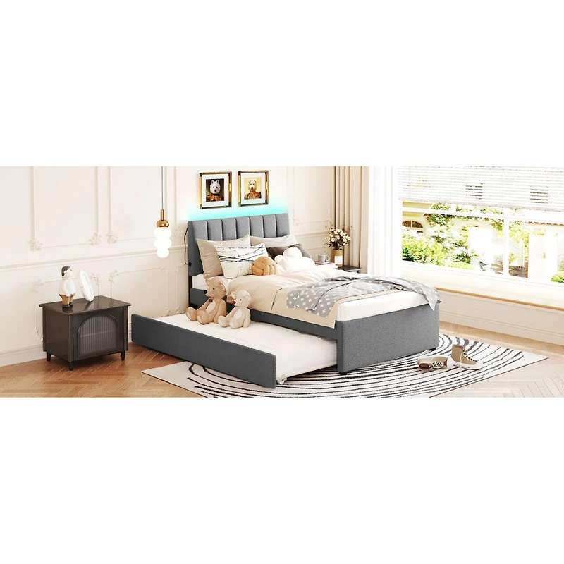 Streamdale Teddy Fleece Twin Platform Bed with Trundle, Led Lights, Beige
