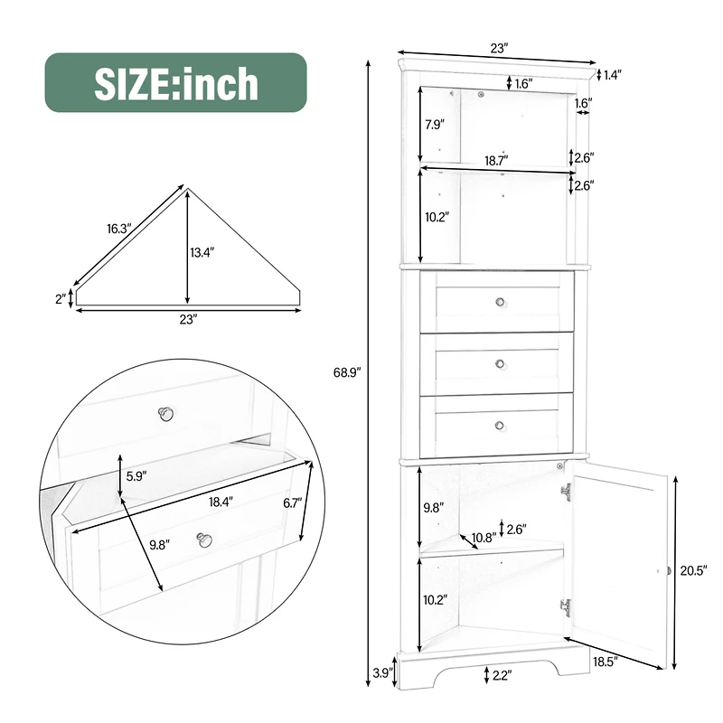 Streamdale Green Triangle Corner Cabinet with Adjustable Shelves & Drawers