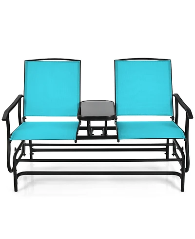Slickblue 2-Person Double Rocking Loveseat with Mesh Fabric and Center Tempered Glass Table