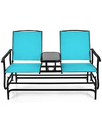 Slickblue 2-Person Double Rocking Loveseat with Mesh Fabric and Center Tempered Glass Table