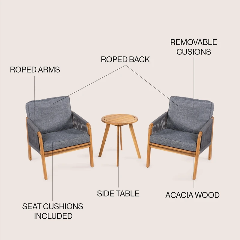 Jonathan Y Aveiro 3-Piece Modern Bohemian Roped Acacia Wood Conversation Outdoor Patio Set with Cushions, Gray/Teak Brown