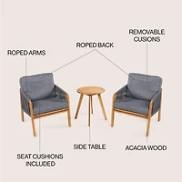 Jonathan Y Aveiro 3-Piece Modern Bohemian Roped Acacia Wood Conversation Outdoor Patio Set with Cushions, Gray/Teak Brown