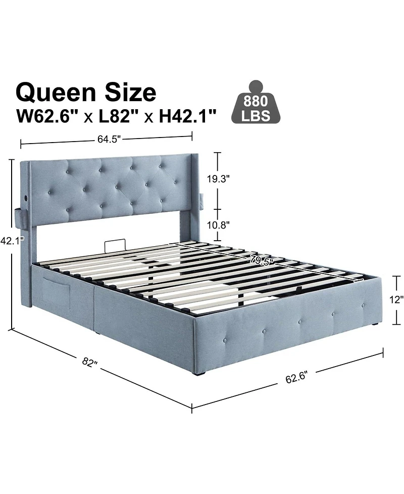 Simplie Fun Full-Size Bed Frame with Storage, Usb Ports, Modern Wingback Headboard