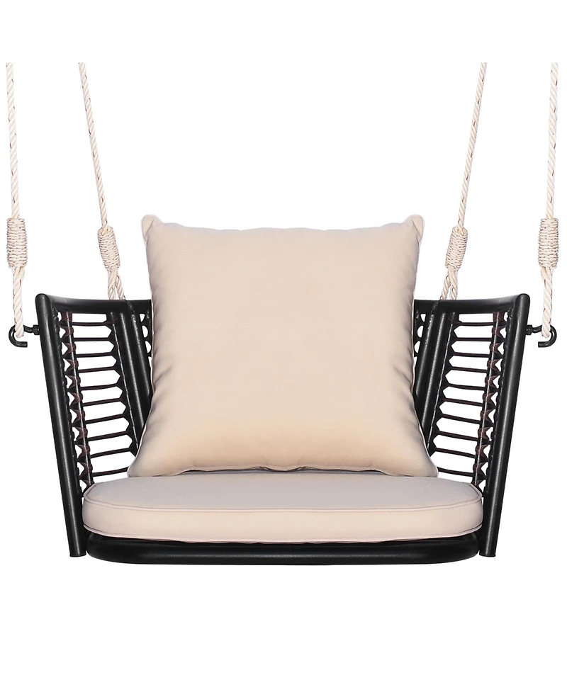 Slickblue Single Person Hanging Seat with Woven Rattan Backrest for Backyard