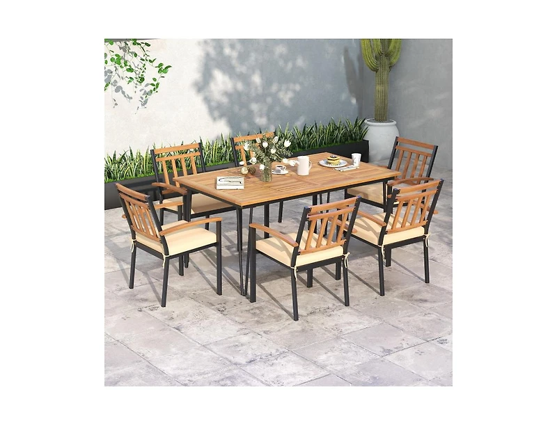 Slickblue Rectangular Patio Dining Table for 8 with Acacia Wood Tabletop and Umbrella Hole