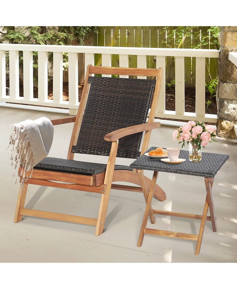 Slickblue 2 Pieces Patio Rattan Folding Lounge Chair with Acacia Wood Table