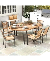 Slickblue 79 Inch Oval Patio Dining Table with Umbrella Hole and Acacia Wood Tabletop for 8 People