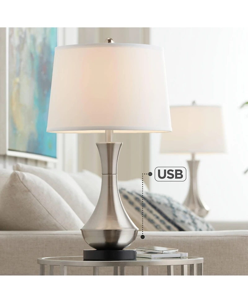 360 Lighting Simon Modern Table Lamps 25 1/2" High Set of 2 Brushed Nickel with Usb Charging Port White Fabric Drum Shade for Bedroom Living Room