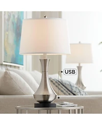 360 Lighting Simon Modern Table Lamps 25 1/2" High Set of 2 Brushed Nickel with Usb Charging Port White Fabric Drum Shade for Bedroom Living Room