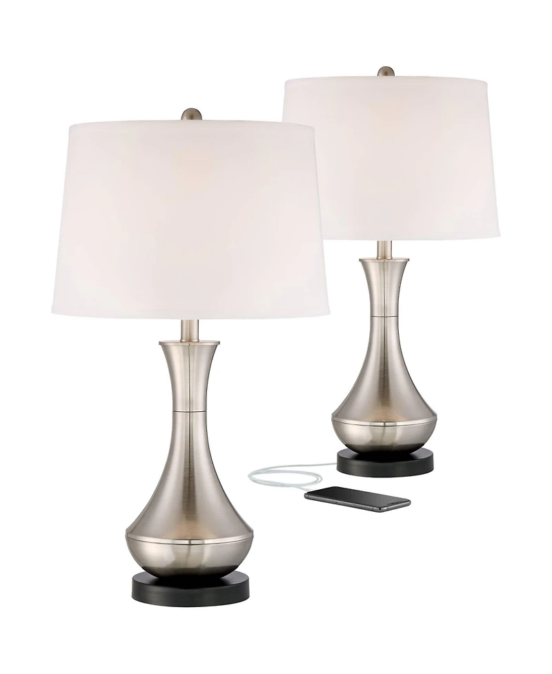 360 Lighting Simon Modern Table Lamps 25 1/2" High Set of 2 Brushed Nickel with Usb Charging Port White Fabric Drum Shade for Bedroom Living Room
