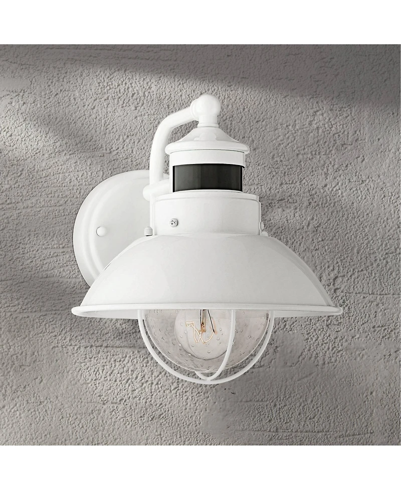 John Timberland Oberlin Rustic Industrial Farmhouse Outdoor Barn Light Fixture White Dusk to Dawn Motion Sensor 9" Clear Seedy Glass for Exterior