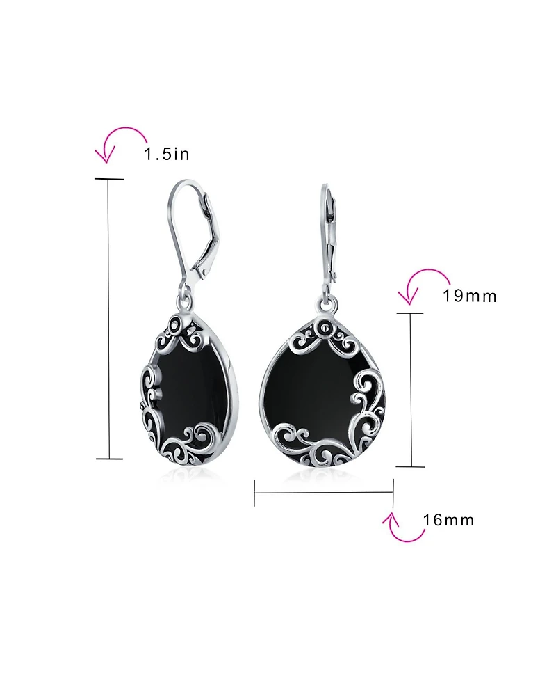 Bling Jewelry Boho Western Large Flat Teardrop Natural Stone Filigree Scroll Lever Back Dangle Earrings Oxidized .925 Sterling Silver