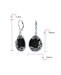 Bling Jewelry Boho Western Large Flat Teardrop Natural Stone Filigree Scroll Lever Back Dangle Earrings Oxidized .925 Sterling Silver