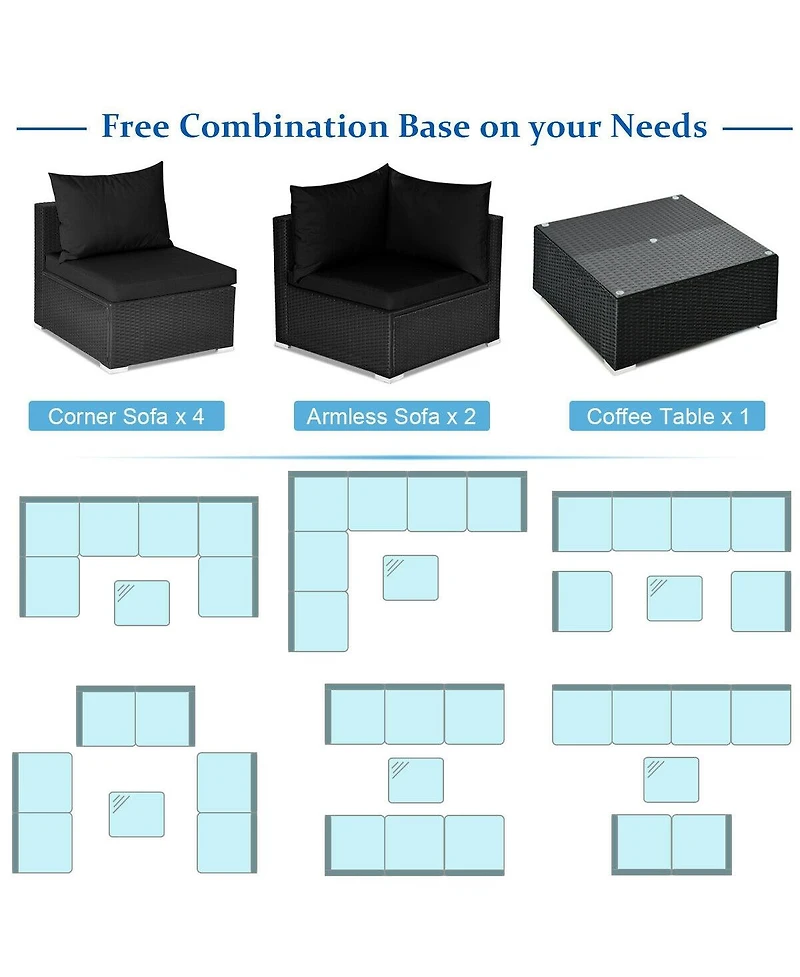 Slickblue 7 Pieces Outdoor Sectional Wicker Patio Furniture Sofa Set with Tempered Glass Top and Softy Cushions-Black