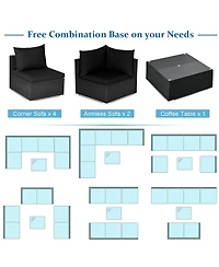 Slickblue 7 Pieces Outdoor Sectional Wicker Patio Furniture Sofa Set with Tempered Glass Top and Softy Cushions-Black