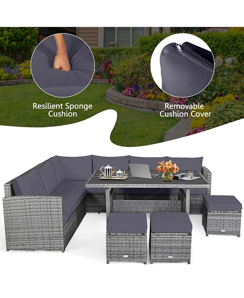7 Pieces Patio Rattan Dining Furniture Sectional Sofa Set with Wicker Ottoman-Grey