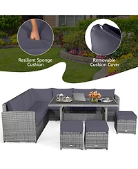 7 Pieces Patio Rattan Dining Furniture Sectional Sofa Set with Wicker Ottoman-Grey