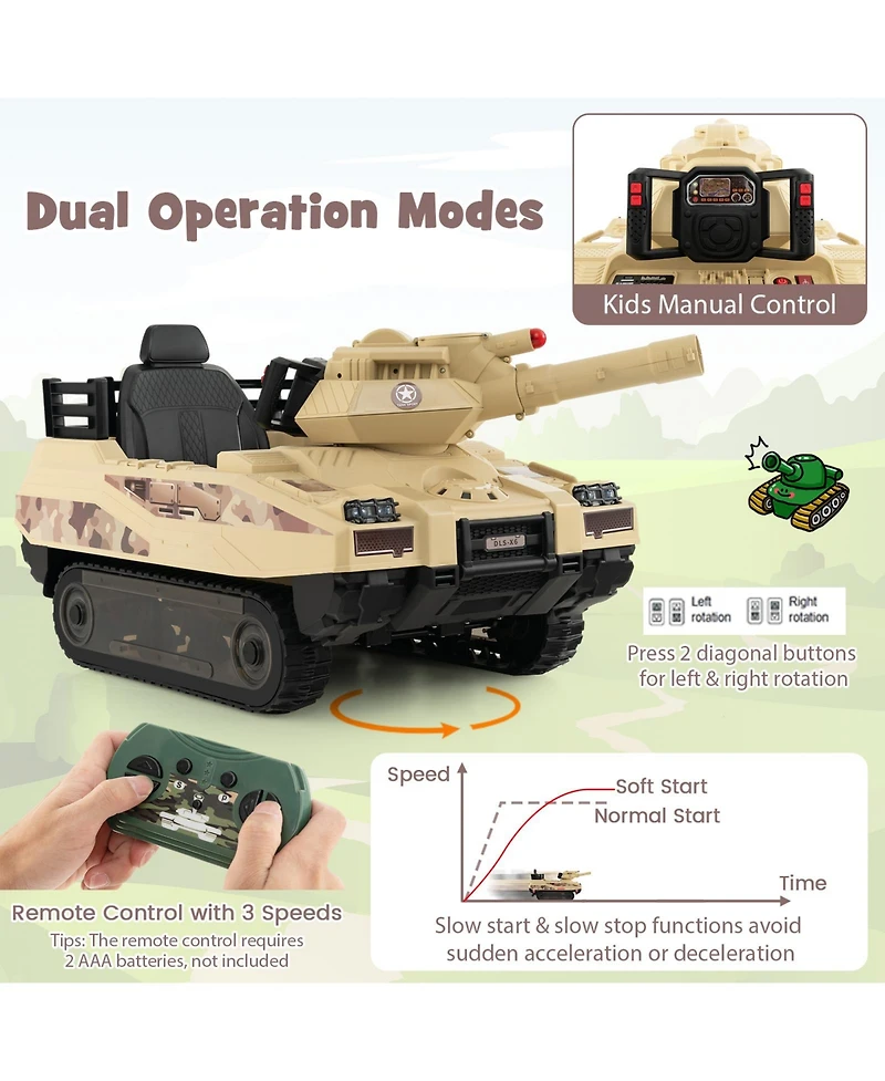 Slickblue 12V Electric Kids Ride On Tank with Rotatable Turret and 8 Missiles for Kids Aged 37-95 Months Old-Khaki