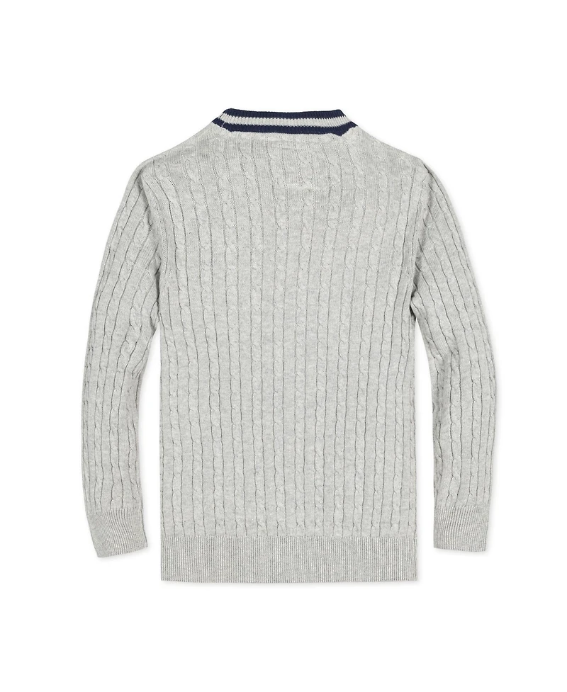 Hope & Henry Boys Organic Long Sleeve Cable Knit Cardigan Sweater with Stripe Trim