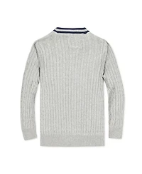 Hope & Henry Boys Organic Long Sleeve Cable Knit Cardigan Sweater with Stripe Trim