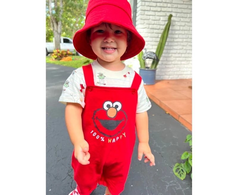 Sesame Street Toddler Boys Elmo French Terry Short Overalls T-Shirt and Hat 3 Piece Outfit Set Newborn to