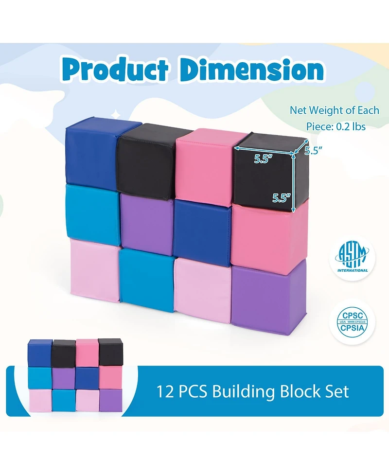 Slickblue Kids 12 Pieces Soft Foam Building Blocks Climbing Foam Cubes Set