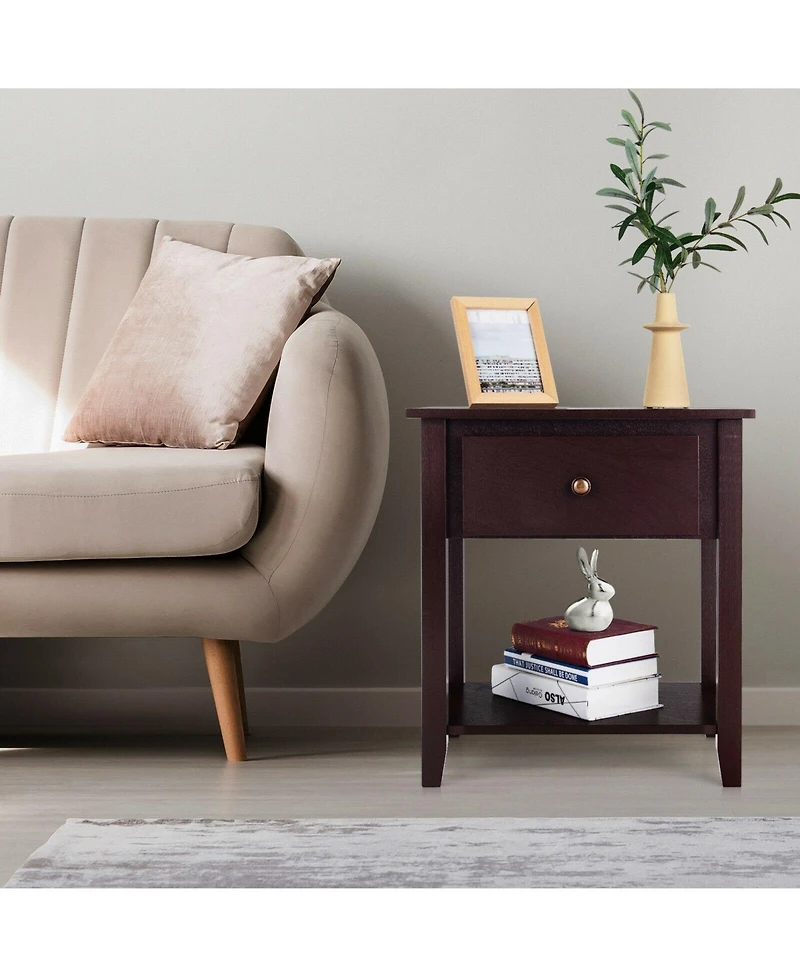 Nightstand with Drawer and Open Shelf for Bedroom or Living Room Storage