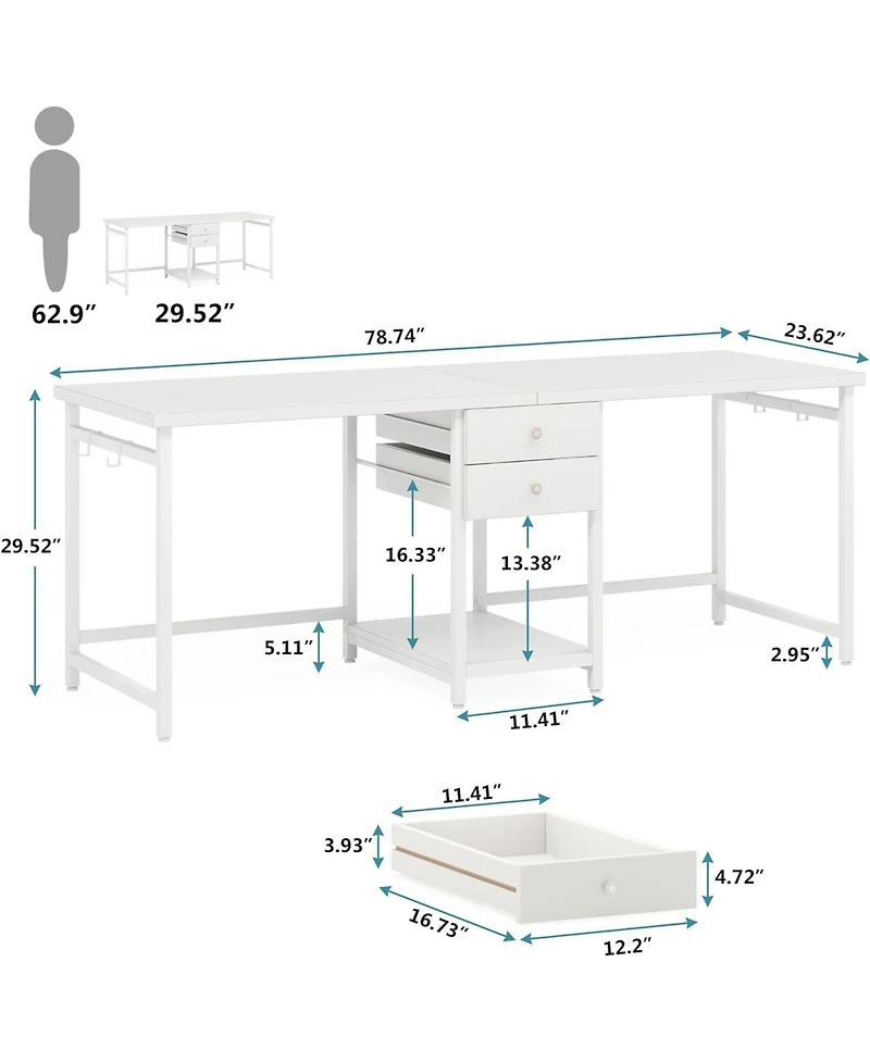 Tribesigns 79 Inch Extra Long Desk, Double Desk with 2 Drawers, Two Person Computer Storage Shelves, Writing Table Study for