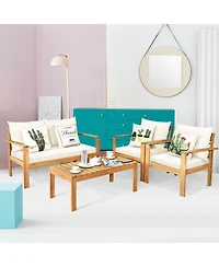 Skonyon Outdoor 4 Pieces Acacia Wood Chat Set with Water Resistant Cushions