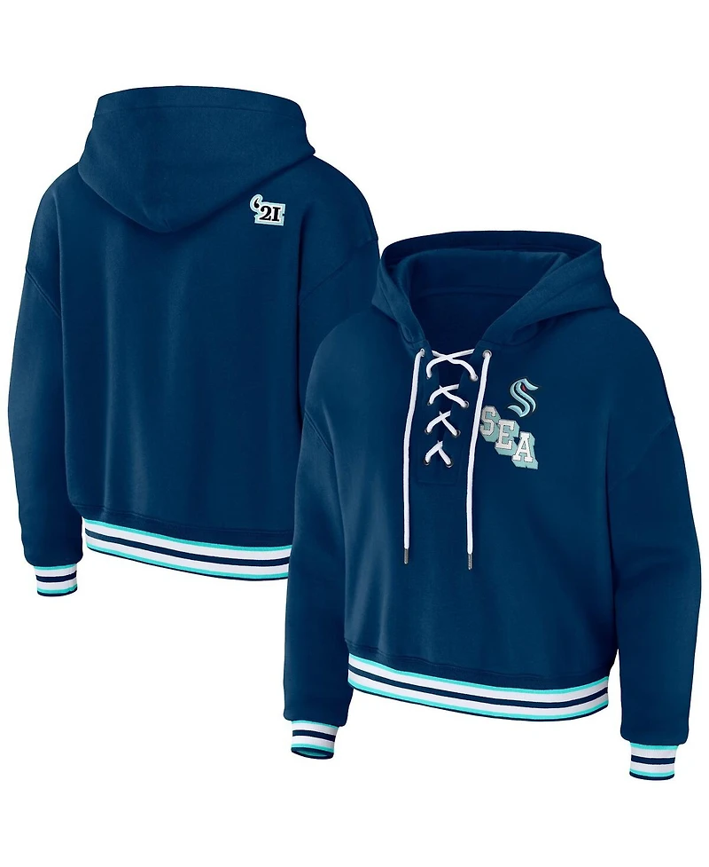 Wear by Erin Andrews Women's Blue Seattle Kraken Lace-Up Pullover Hoodie
