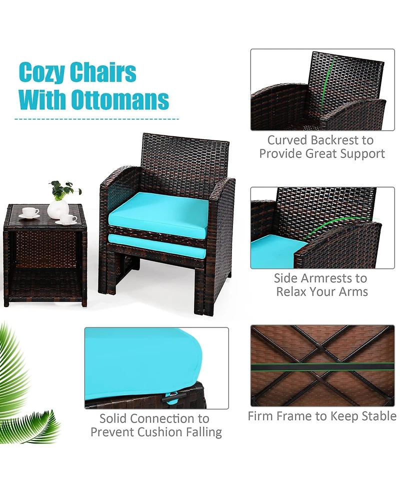 Sugift 5 Pieces Patio Rattan Furniture Set with Ottoman and Tempered Glass Coffee Table
